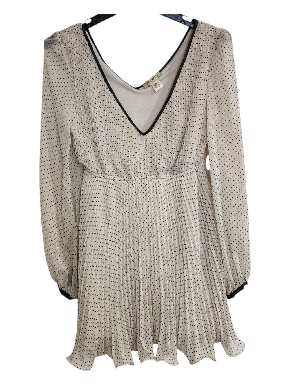 Arden B Mini Dress Sz L Cream Black Polka Dot Pleated V-Neck Long Sleeve *flawed